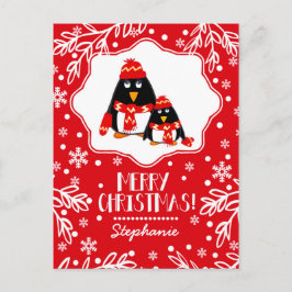 Funny Little Penguins Custom Name Kerstmis Feestdagenkaart