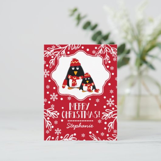 Funny Little Penguins Custom Name Kerstmis Feestdagenkaart (Staand voorkant)