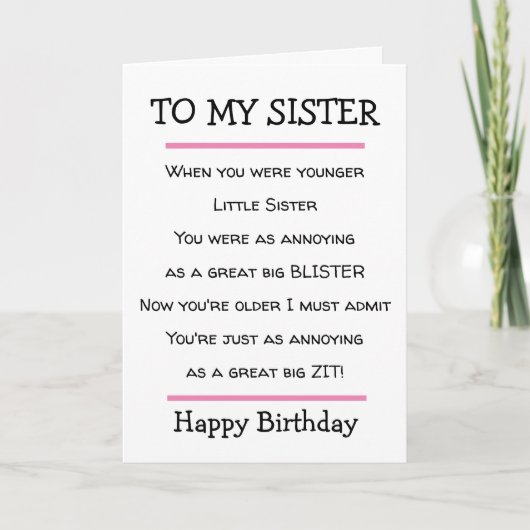Funny Little Sister Cheeky Verse Birthday Card Kaart (Voorkant)