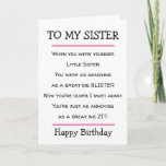 Funny Little Sister Cheeky Verse Birthday Card Kaart<br><div class="desc">Een mooie verjaardagskaart met een grappig gedicht om naar je kleine zus te sturen. Geschikt voor zussen met een gevoel van humor.</div>