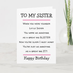 Funny Little Sister Cheeky Verse Birthday Card Kaart