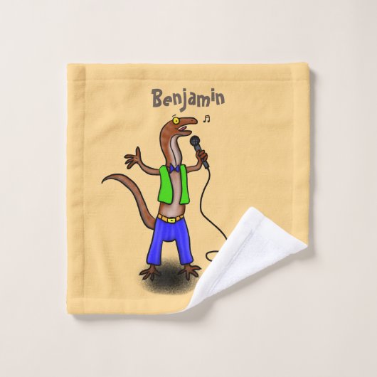 Funny lizard zingt met cartoon van de microfoon bad handdoek (Wasdoekje)