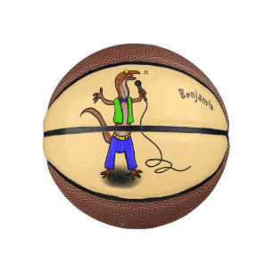 Funny lizard zingt met cartoon van de microfoon basketbal