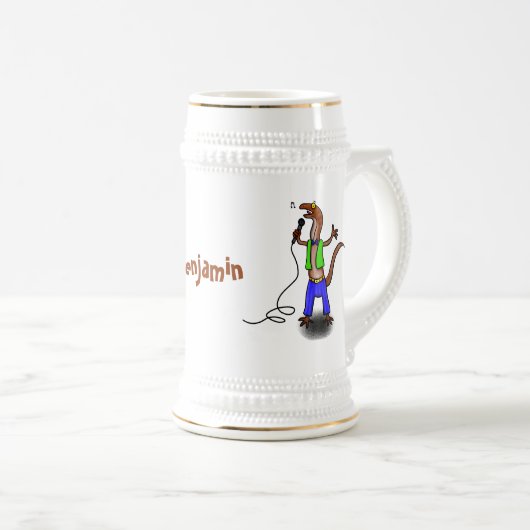 Funny lizard zingt met cartoon van de microfoon bierpul (Voorkant rechts)