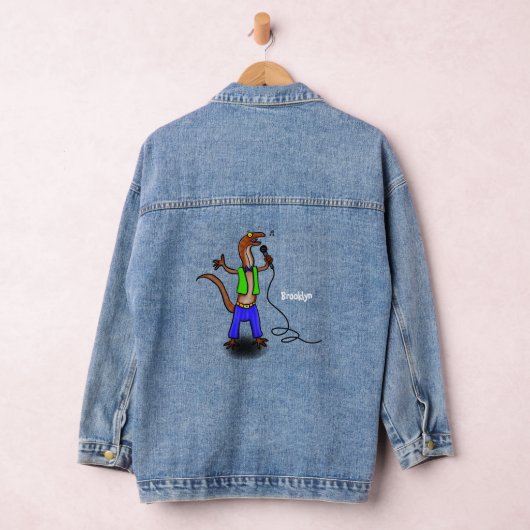 Funny lizard zingt met cartoon van de microfoon denim jacket (Hangar)