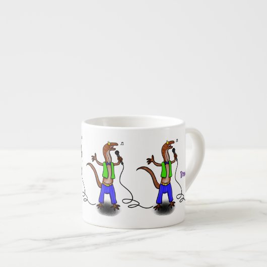 Funny lizard zingt met cartoon van de microfoon espresso kop (Voorkant rechts)