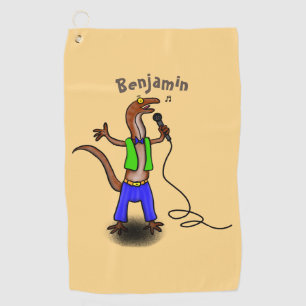 Funny lizard zingt met cartoon van de microfoon golfhanddoek