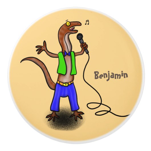 Funny lizard zingt met cartoon van de microfoon keramische knop (Voorkant)