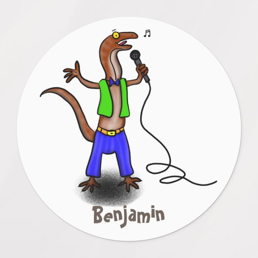Funny lizard zingt met cartoon van de microfoon labels (Design 1)