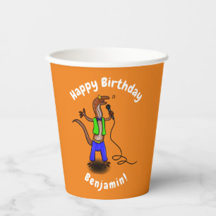 Funny lizard zingt met cartoon van de microfoon papieren bekers