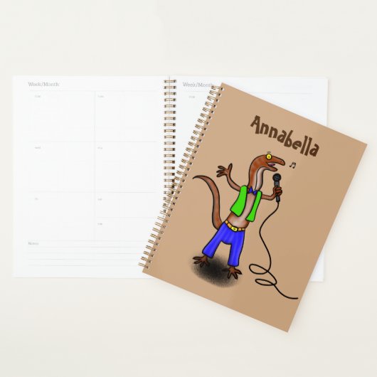 Funny lizard zingt met cartoon van de microfoon planner (Display)