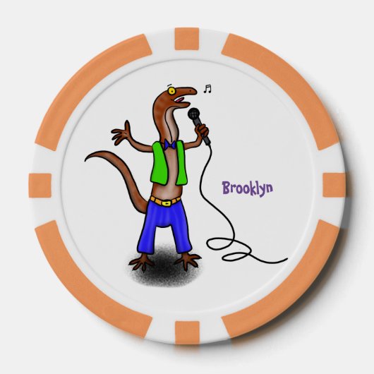 Funny lizard zingt met cartoon van de microfoon poker chips (Voorkant)