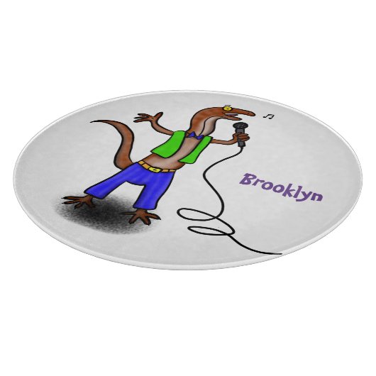 Funny lizard zingt met cartoon van de microfoon snijplank (Hoek)