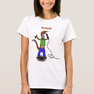 Funny lizard zingt met cartoon van de microfoon t-shirt