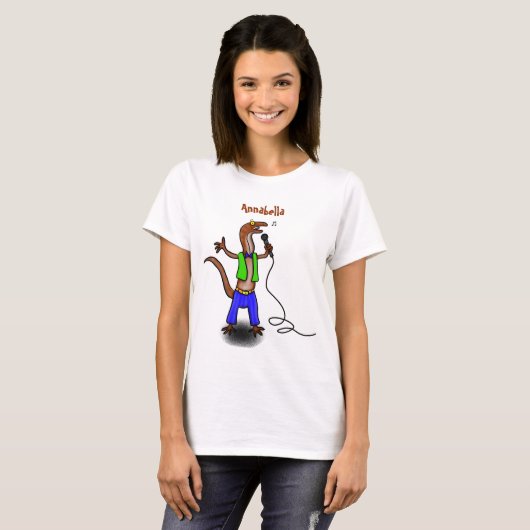 Funny lizard zingt met cartoon van de microfoon t-shirt (Voorkant volledig)