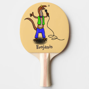 Funny lizard zingt met cartoon van de microfoon tafeltennisbatje