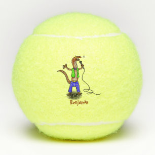 Funny lizard zingt met cartoon van de microfoon tennisballen