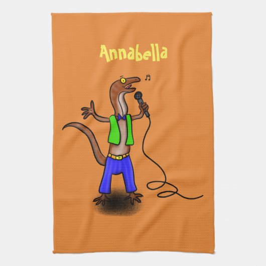 Funny lizard zingt met cartoon van de microfoon theedoek (Verticaal)
