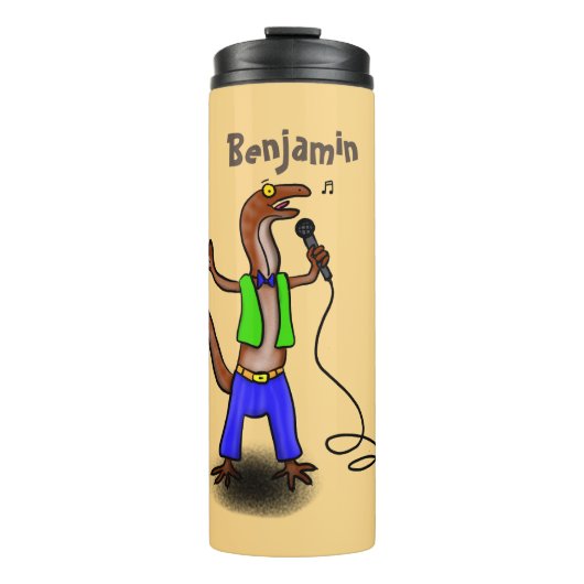 Funny lizard zingt met cartoon van de microfoon thermosbeker (Voorkant)