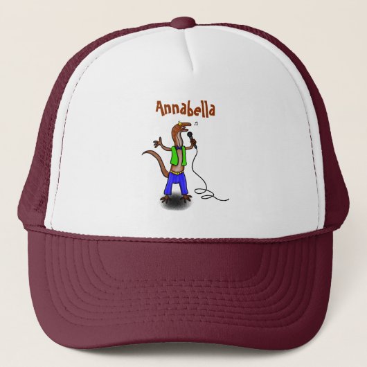 Funny lizard zingt met cartoon van de microfoon trucker pet (Voorkant)