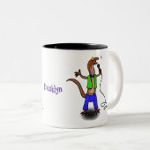 Funny lizard zingt met cartoon van de microfoon tweekleurige koffiemok (Voorkant rechts)