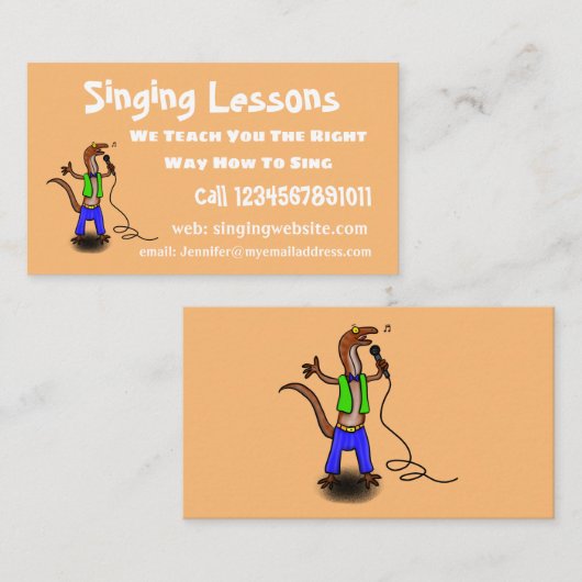 Funny lizard zingt met cartoon van de microfoon visitekaartje (Voorkant / Achterkant)
