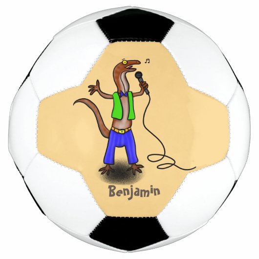 Funny lizard zingt met cartoon van de microfoon voetbal (Voorkant)