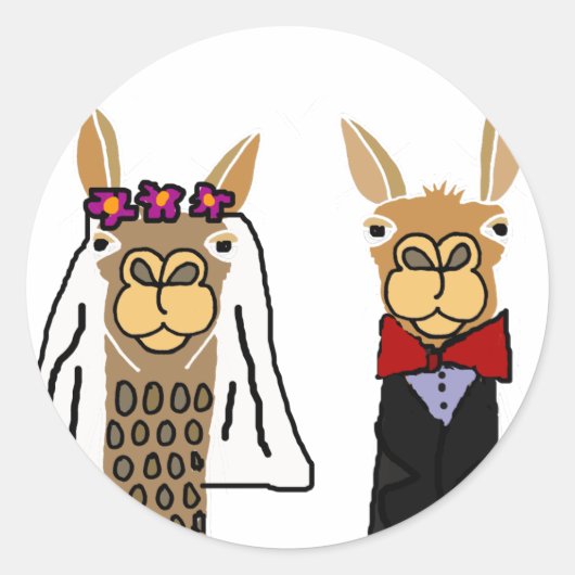 Funny Llama Bride en Groom Wedding Art Ronde Sticker (Voorkant)
