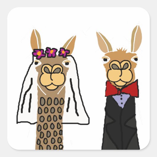 Funny Llama Bride en Groom Wedding Art Vierkante Sticker (Voorkant)