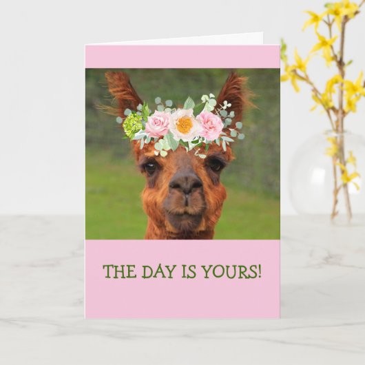 Funny Llama Flower Tiara Crown Birthday Kaart (Gele Bloem)