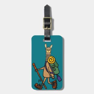 Funny llama Hiking cartoon Bagagelabel