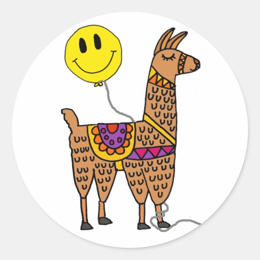 Funny Llama met Smiley Face Balloon Cartoon Ronde Sticker (Voorkant)