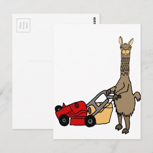 Funny Llama Pushing Lawn Mower Cartoon Briefkaart (Voorkant / Achterkant)