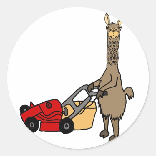 Funny Llama Pushing Lawn Mower Cartoon Ronde Sticker (Voorkant)