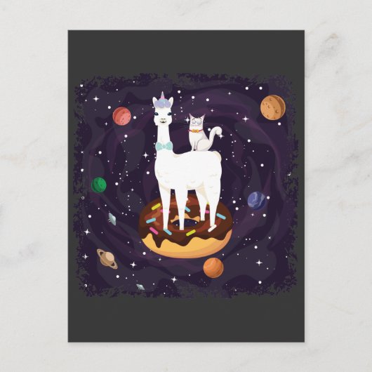 Funny Llama Unicorn met Cat op een Donut Galaxy Briefkaart (Voorkant)