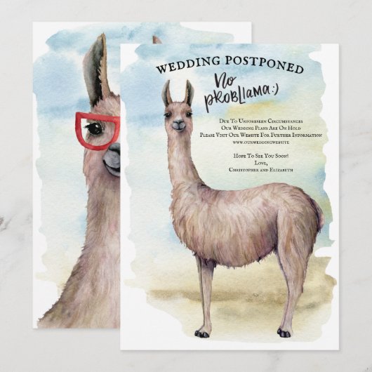 Funny Llama Waterverf Wedding Postponed Kaart (Voorkant / Achterkant)