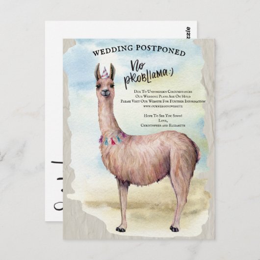 Funny Llama Wedding Postponed Date Change Briefkaart (Voorkant / Achterkant)