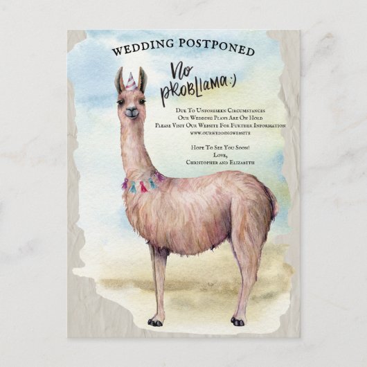 Funny Llama Wedding Postponed Date Change Briefkaart (Voorkant)