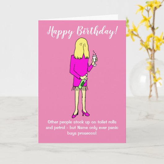 Funny Lockdown Woman Panic Buys Prosecco Birthday Kaart (Gele Bloem)