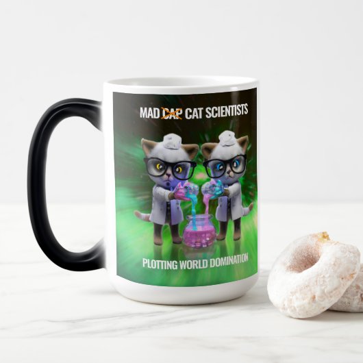 Funny Mad Cat Scientists die de wereldheerschappij Magische Mok (Met donut)