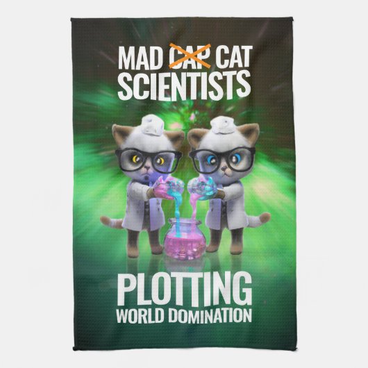 Funny Mad Cat Scientists die de wereldheerschappij Theedoek (Verticaal)