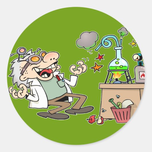 Funny Mad Scientist Ronde Sticker (Voorkant)