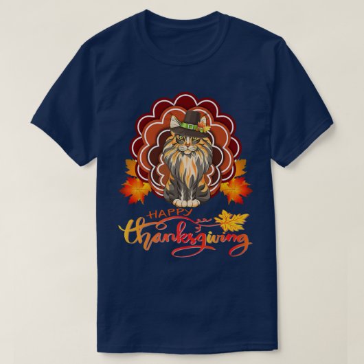Funny Maine Coon Cat Turkey Happy Thanksgiving T-shirt (Design voorkant)
