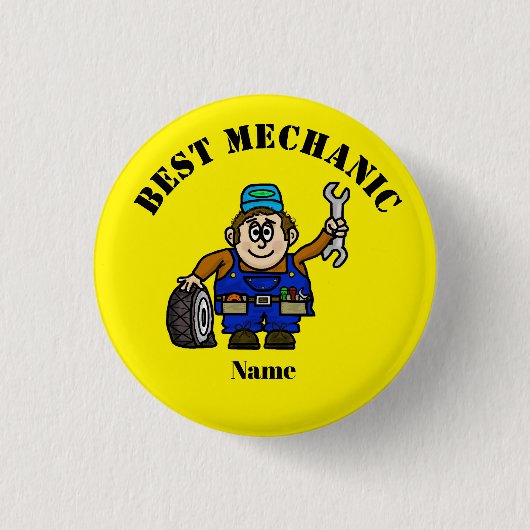 Funny Male Mechanic met Button van tand en moersle (Voorkant)