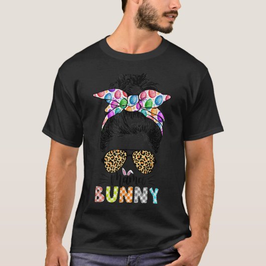 Funny Mama Bunny Leopard Messy Bun Happy Pasen T-shirt (Voorkant)