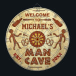 Funny Man Cave met Jouw naam Custom Dartbord<br><div class="desc">Creëer uw eigen humoristische, aangepaste dartboard voor 'man grot' met deze eenvoudige sjabloon. Het dartboard is gemaakt om eruit te zien als de muur van een grot, en heeft primitieve tekeningen van mannen die donkere huiden gooien, een dartboard, twee baseball vleermuizen, twee pretzels, een paar bierflesjes en zwembadjes. Het dartboard...</div>