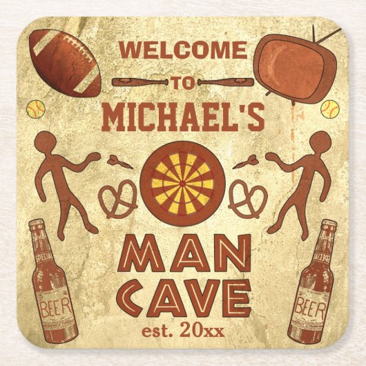 Funny Man Cave met Jouw naam Custom Kartonnen Onderzetters (Voorkant)