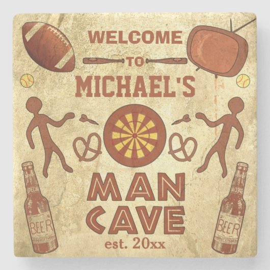 Funny Man Cave met Jouw naam Custom Stenen Onderzetter (Voorkant)