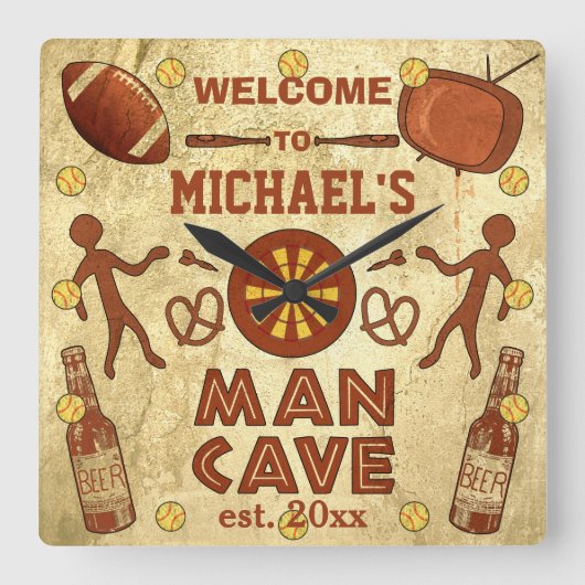 Funny Man Cave met Jouw naam Custom Vierkante Klok (Voorkant)