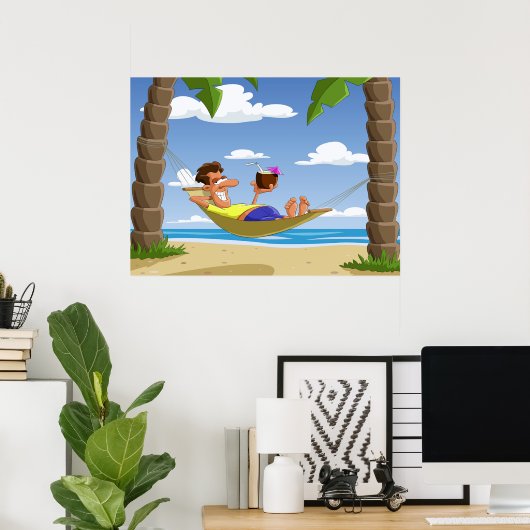Funny Man Relaxing in Beach Hammock Poster (Thuiskantoor)